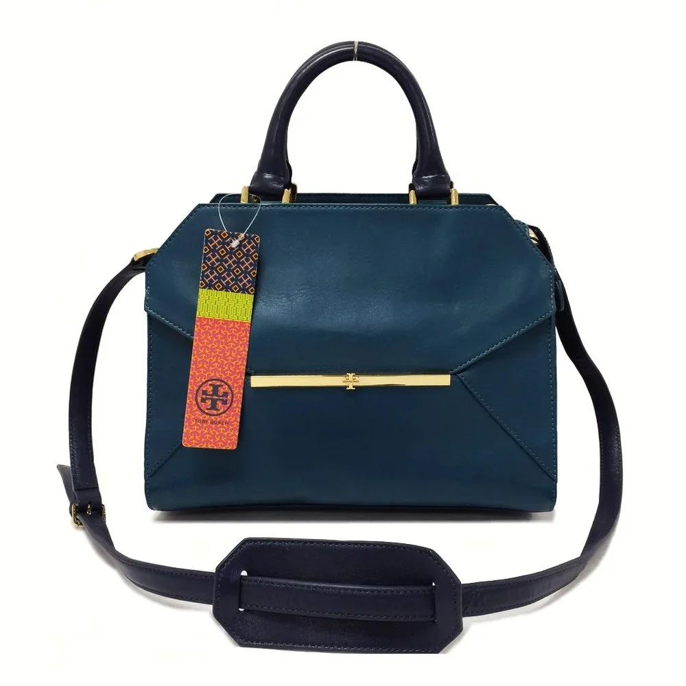 Tory Burch Penelope Satchel Teal Leather Suede Navy Handles Crossbody Strap